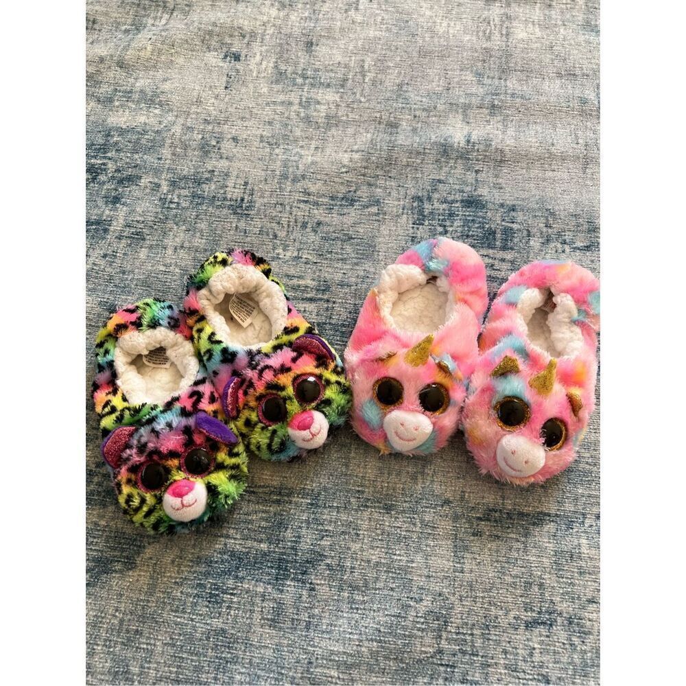 Ty Rainbow Cheetah Unicorn  Slippers Lot of 2 Pairs Toddler Size 11 - 13